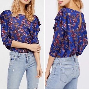 Free People NWT Dock Street Top Blue Floral Ruffle Long Sleeve Size L